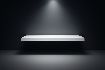 Minimalist floating white shelf under spotlight on dark background for advertising or product display concept mockup template design scene.