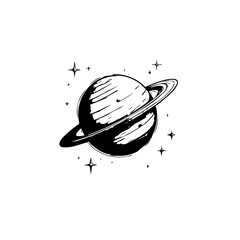 Saturn illustration with ring system and stars in black and white design © LgsDesign