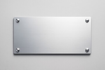 Blank brushed metal nameplate on light wall background with screws at corners for mockup, branding, or signage concept design template.