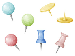水彩画風の色々な種類の画鋲のセット