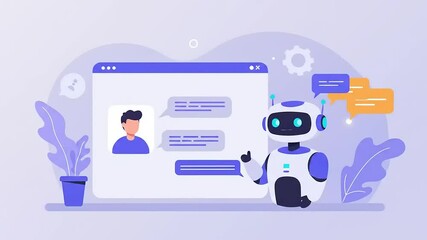 Friendly robot interacting with a user on a digital platform, showcasing chat features and support