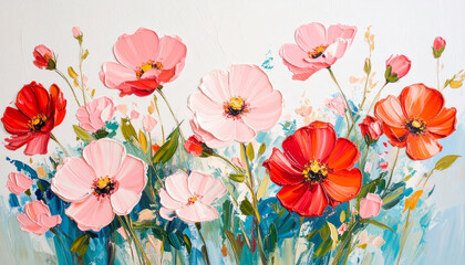 Oil painting of pink red flowers on white canvas. Palette knife technique. Hand drawn botanical art