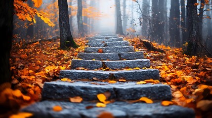 Autumn forest stairs path scenic landscape fall foliage nature trail stone steps outdoor tranquil scene