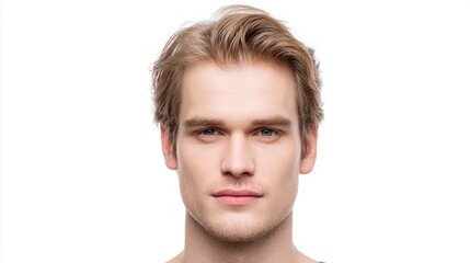 A young male model is presented with light blonde hair and striking blue eyes. He maintains a neutral expression in a simple, uncluttered background. The focus is on his features and demeanor