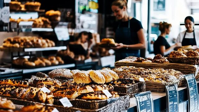 A vibrant bakery display filled with various fresh baked goods.