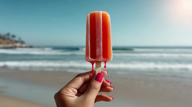 Person holding a popsicle with a pink nail polish on it. The popsicle is in a hand and is in front of the ocean