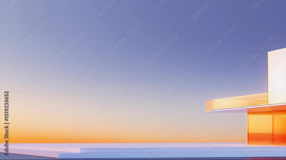 Poster オレンジと紫の夕焼けに照らされたミニマリスト幾何学的な白い建物の外観とテラスのある現代的な建築デザイン