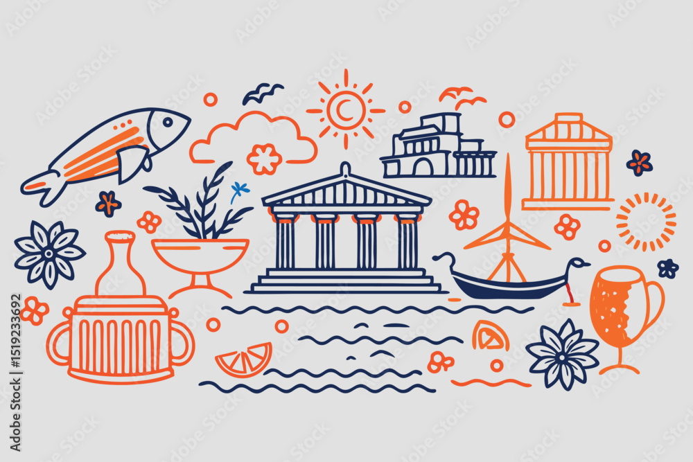 Poster bohemian style icon set hand drawn vector graphics
