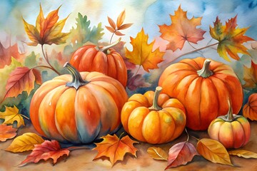 Fall Leaves and Pumpkins Watercolor