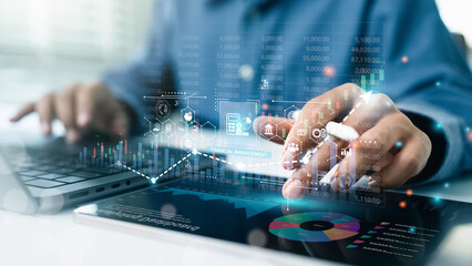 Business Financial Accounting Banking Concept, Businessman doing  finance management and calculating financial analysis to report with business graph growth chart, finance planning and investment