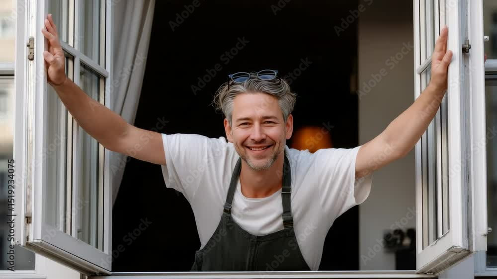 Poster man is smiling and standing in front of a window. he is wearing a white shirt and apron