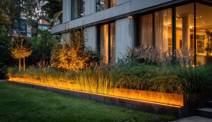 Fototapeta premium Building with illuminated garden and grasses at dusk