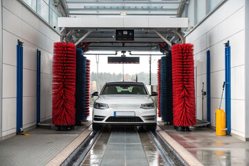 white car at automatic car wash with red brushes under water jets