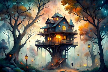 Haunted Treehouse Watercolor