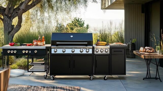 Outdoor kitchen with BBQ grill and food preparation area for cooking in yard.