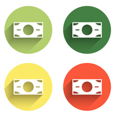 Set Stacks paper money cash icon isolated with long shadow background. Money banknotes stacks. Bill currency. Color circle button. Vector