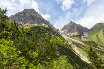 Panoramablick auf den kleinen und gro&szlig;en Widderstein Berggipfel im Gemsteltal mit gr&uuml;ner Vegetation unter bew&ouml;lktem Himmel im Kleinwalsertal, &Ouml;sterreich, Europa