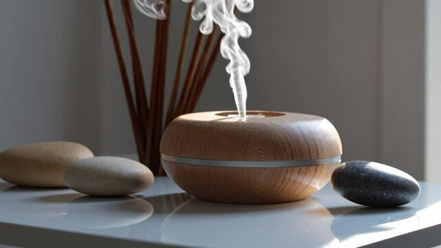 A wooden diffuser emits steam in a cozy home setting. Smooth stones are placed nearby, enhancing the relaxing atmosphere. Ideal for aromatherapy and comfort