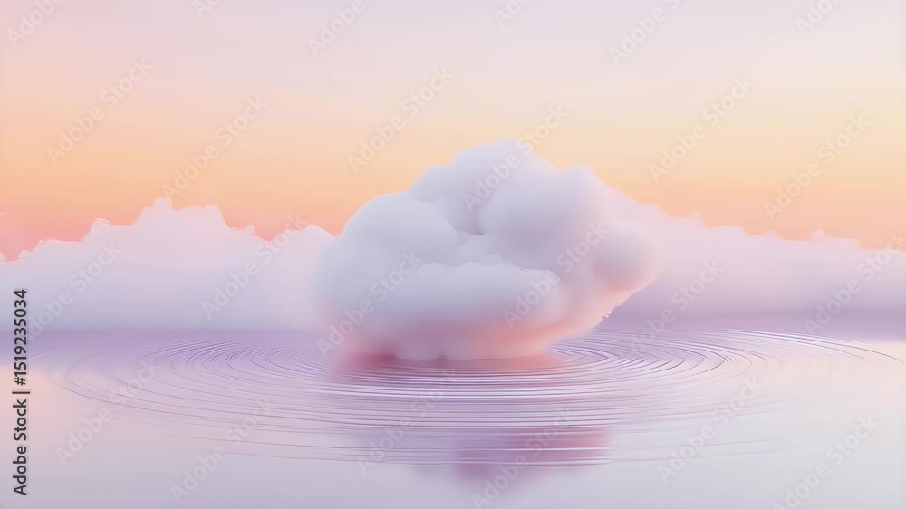 Poster ピンクと紫色の夕焼けのミニマルな雲の3dレンダリングと水の反射背景に穏やかな柔らかい雰囲気
