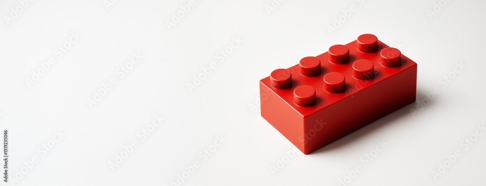 Poster Red toy building brick on minimal white background with copyspace for design mockup or hobby concept presentation template.