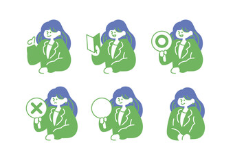 Minimal Female Business Character Set – Various Poses with Laptop, Tablet, and Gestures in Blue and Green Colors