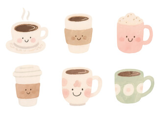 Collection of six cute coffee cups with smiling faces in various styles and colors