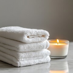 A stack of white towels is on a marble countertop next to a candle