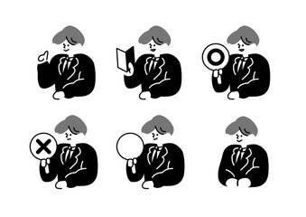 Minimal Male Business Character Set – Various Poses with Laptop, Tablet, and Gestures in Black and White Colors