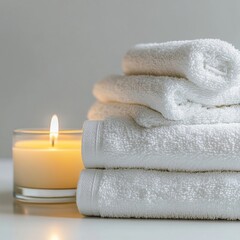 A stack of white towels is on a marble countertop next to a candle