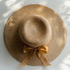 A tan straw hat with a brown ribbon tied around it