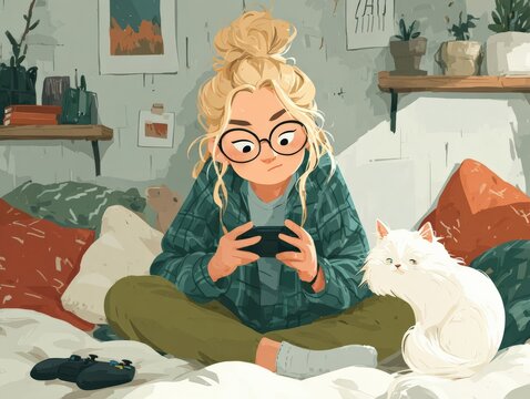 Design a cozy bedroom setup for a teen gamer and their cat