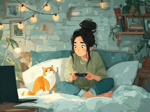 Design a cozy bedroom setup for a teen gamer and their cat
