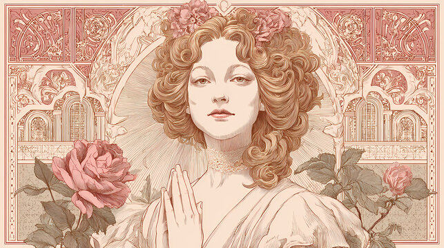 exhibition visual identity | goddess symbolism | idealized elegance | soft rose and ivory | arched scene layout | ornate hair | symbolic hand posture | line engraving | Belle poque Paris |