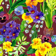 Seamless pattern with watercolor spring flowers. Ditsy Print. Cottage Garden Flower. Lilly of the valley, primrose, marigold blooms and hyacinth draw. Template for fabric, textile, surfaces, covers.