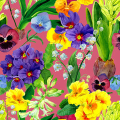 Seamless pattern with watercolor spring flowers. Ditsy Print. Cottage Garden Flower. Lilly of the valley, primrose, marigold blooms and hyacinth draw. Template for fabric, textile, surfaces, covers.