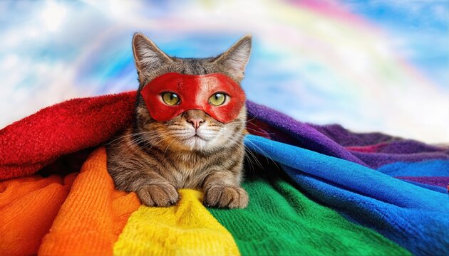Playful Feline Superhero Masked and Lounging on a Vibrant Rainbow Blanket Whimsical, Charming, and Full of Rainbows and Cats An Ideal Image for Digital Art, Home Decor, or Design Inspiration.