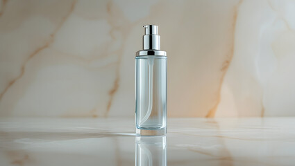 Elegant Transparent Pump Bottle with Metallic Cap on Subtle Marble Texture