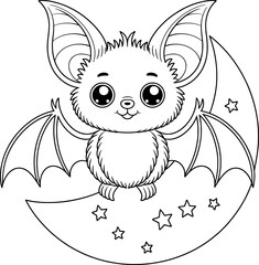 Adorable cartoon bat sitting on crescent moon halloween coloring page