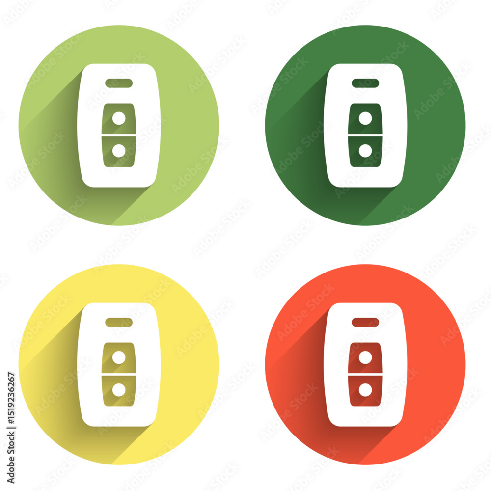 Poster set car key with remote icon isolated with long shadow background. car key and alarm system. color c
