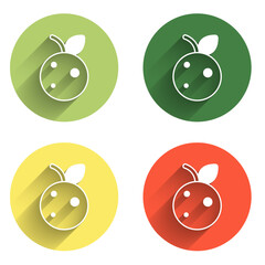 Set Peach fruit or nectarine with leaf icon isolated with long shadow background. Color circle button. Vector