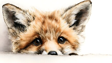 Obraz premium Charming little fox cub peeking curiously from the edge of a paper with soft watercolor like details warm fur tones and friendly eyes against a white background