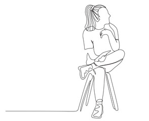 continuous one line art of a woman sitting alone on a chair holding a cell phone