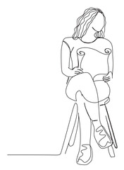 continuous one line art of a curly haired woman sitting alone in a chair holding a newspaper