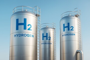 Hydrogen storage tanks infrastructure in clean energy industry concept with metallic cylinders under clear sky background in bright daylight.