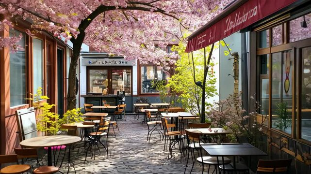 Charming outdoor cafe in spring with blossom trees, tables, chairs, and restaurant, evoking a delightful, seasonal atmosphere.