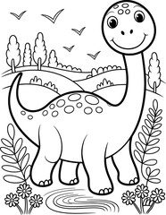 Adorable cartoon brontosaurus dinosaur coloring page © vector Art