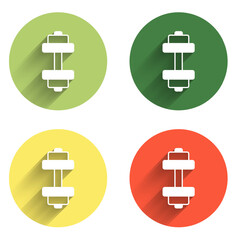 Set Dumbbell icon isolated with long shadow background. Muscle lifting, fitness barbell, sports equipment. Color circle button. Vector
