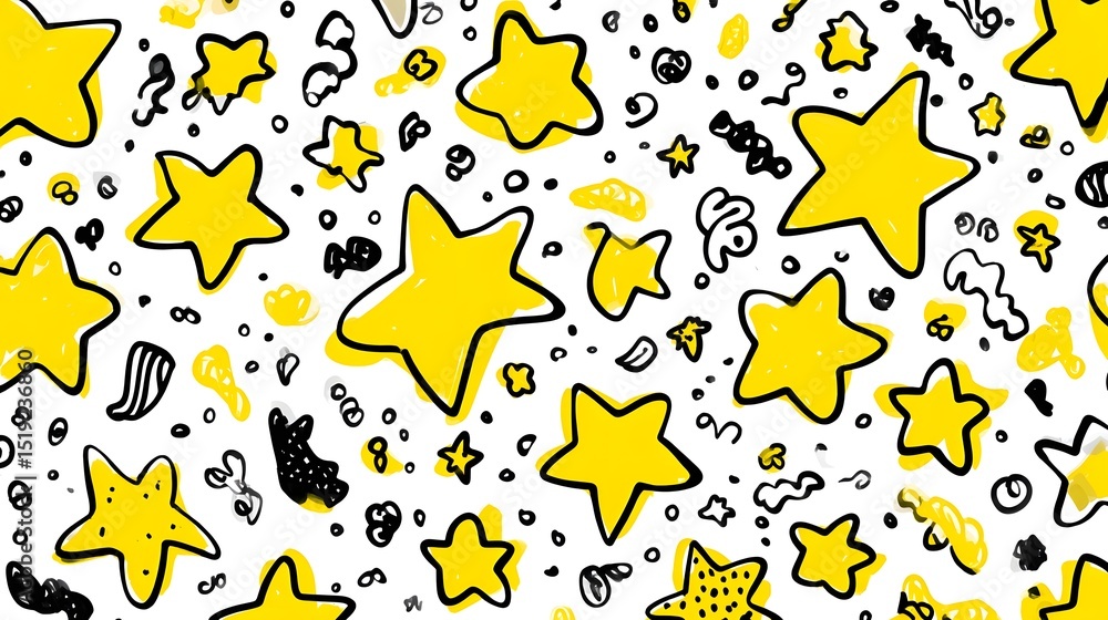 Poster seamless background pattern featuring vibrant yellow stars and whimsical black and white doodle elem