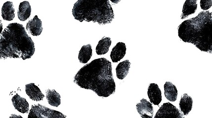Striking black dog paw prints scattered across a clean white background with a bold expressive ink brush texture providing a grungy organic feel to the image