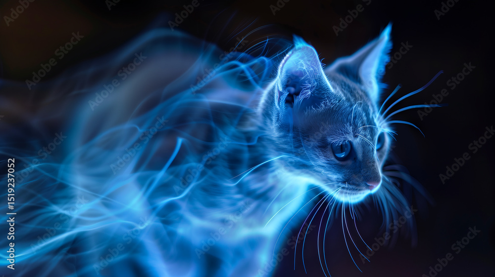 Poster this digital pet cat appears as a holographic projection, glowing softly in a futuristic setting.